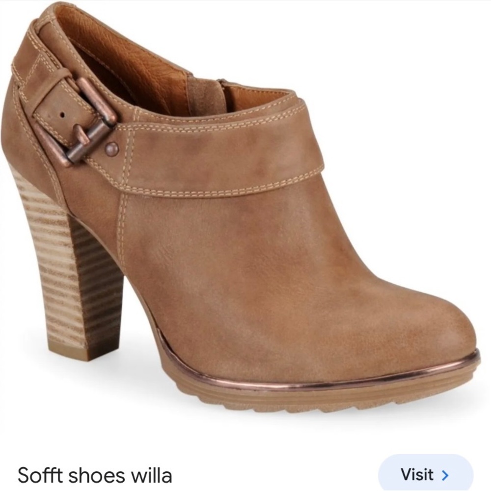 Sofft Willa Buckled Burnished Leather Stacked Heel Bootie-Twine Tan-Women’s 8M